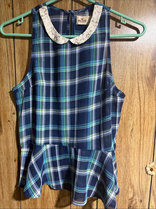 Hollister Tops - Hollister Navy Plaid Peplum Top with Lace Collar